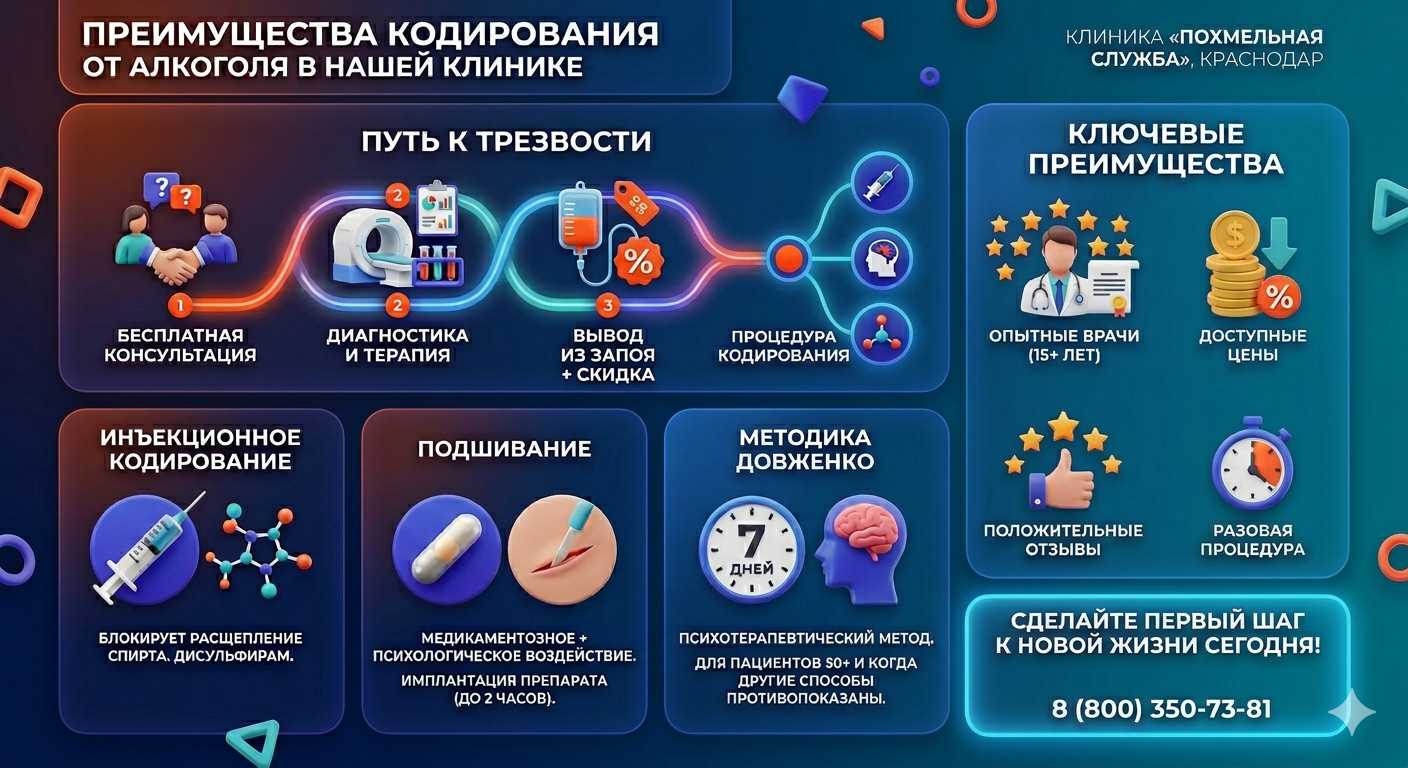 Инфографика о методах кодирования от алкоголя в Дивном: инъекции, подшивание, метод Довженко. Преимущества клиники и этапы лечения.